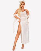 White lace mesh long nightdress with scalloped V neckline and front slit