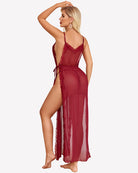 Wine red lace mesh long nightdress with V neckline, lace trim, side slit
