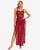 Wine red lace mesh long nightdress with scalloped lace edges and side slit