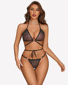 Black dotted strappy bra and thong panty set with triangle cups and tie side waistband