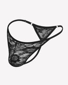 Black lace low-rise thong underwear with T-back cut and floral pattern