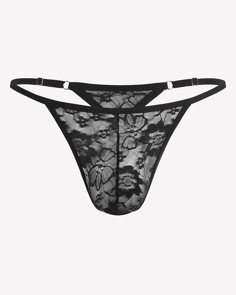 Black lace low-rise thong underwear with T-back straps and floral lace