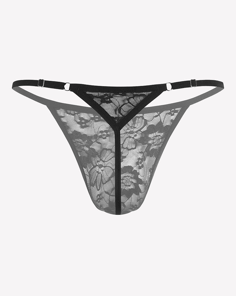Black lace low-rise thong underwear with floral mesh and central vertical seam