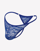 Men's lace thong underwear, low-rise T-back, blue lace design with thin side straps