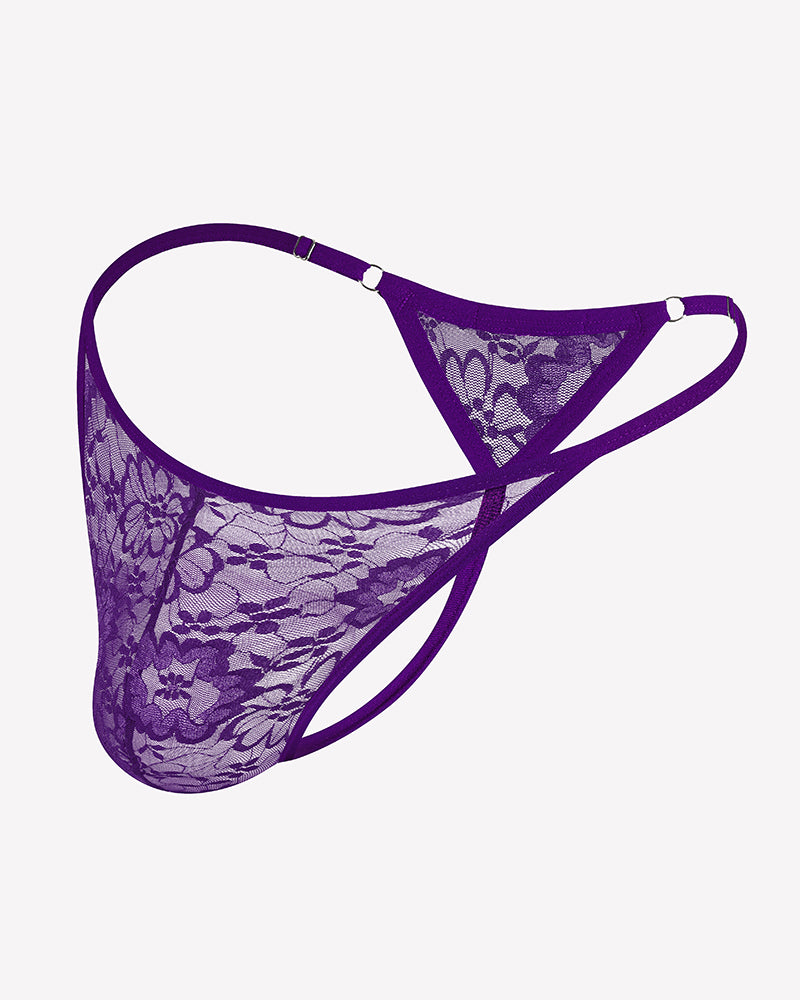 Men's lace thong underwear, low-rise T-back, purple lace front with small center