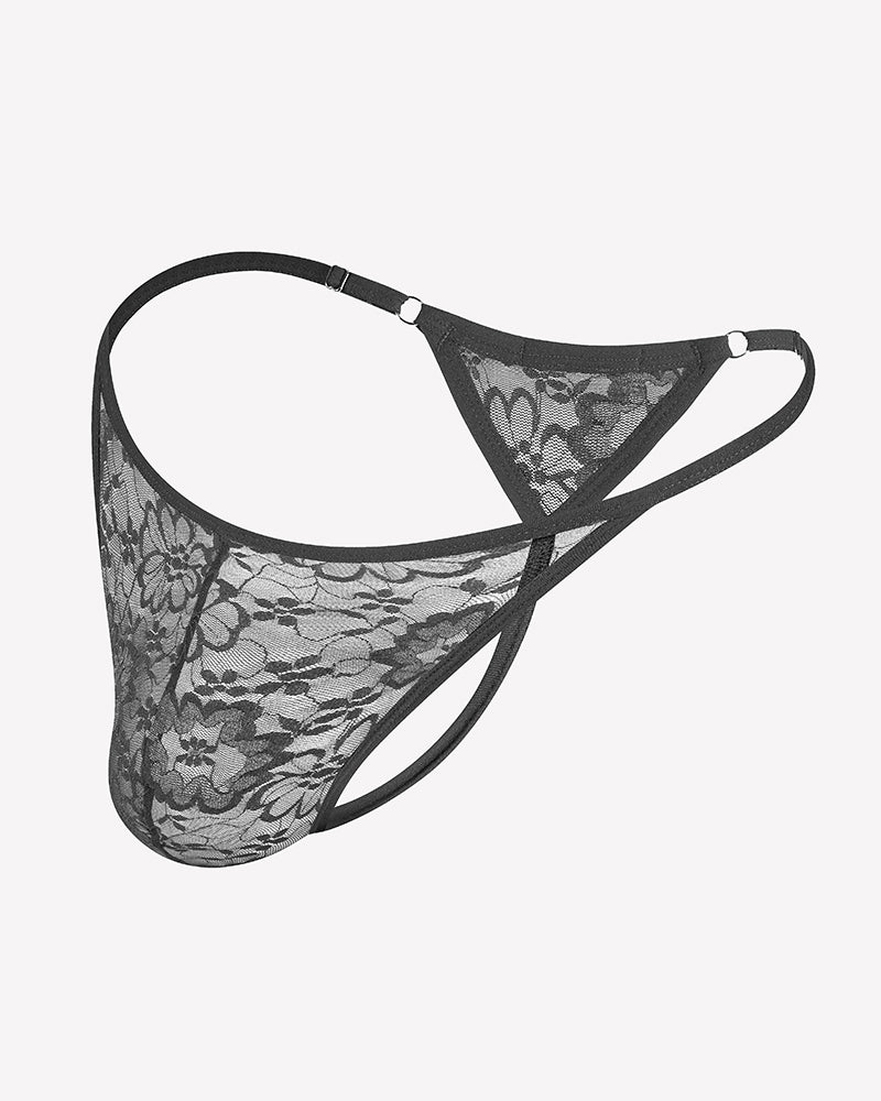 Dark lace low-rise thong underwear with T-back cut and floral pattern