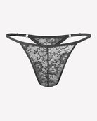 Gray lace low-rise thong underwear with T-back straps and floral lace design