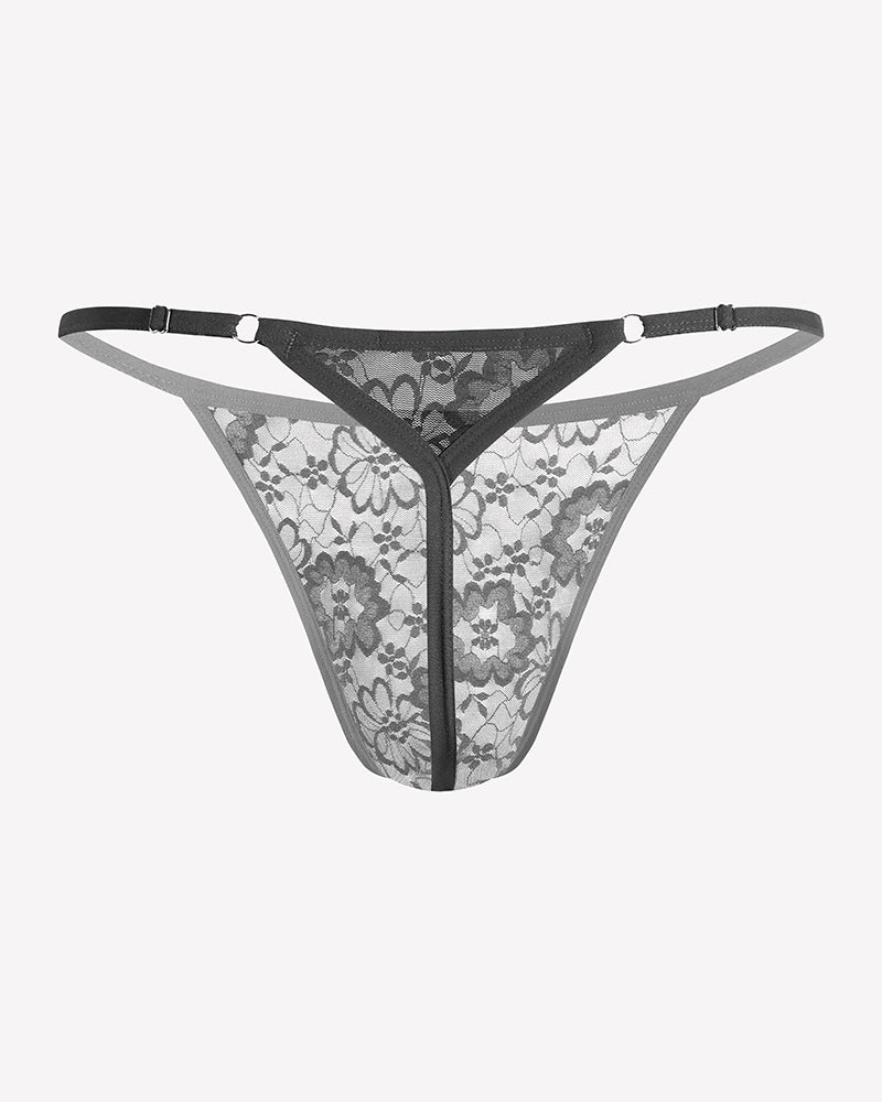 Gray lace low-rise thong underwear with T-back straps and floral pattern