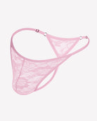 Pink lace low-rise thong underwear with T-back straps and floral pattern