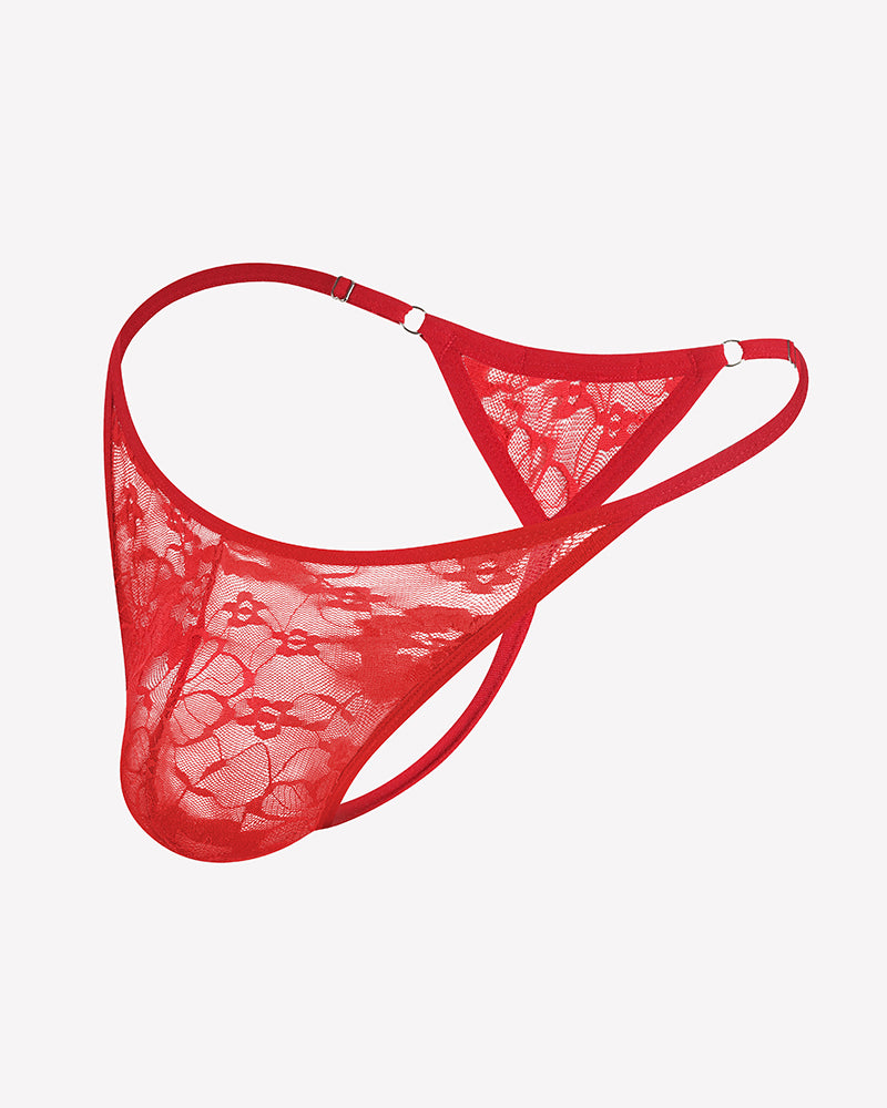 Men's lace thong underwear, low-rise T-back, red lace with decorative mesh pattern
