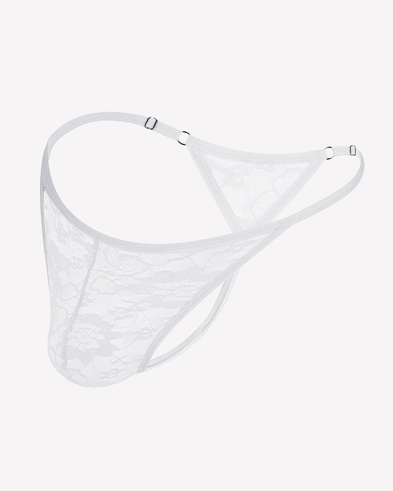 White lace low-rise thong underwear with T-back straps and floral lace