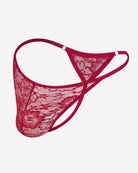Men's lace thong underwear, low-rise T-back, maroon red lace with lace center panel