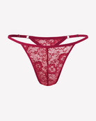 Men's lace thong underwear, low-rise T-back, dark red lace panel and straps