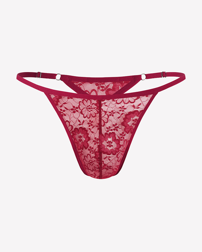 Men's lace thong underwear, low-rise T-back, dark red lace panel and straps