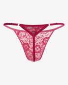 Burgundy lace low-rise thong underwear with T-back straps and floral pattern