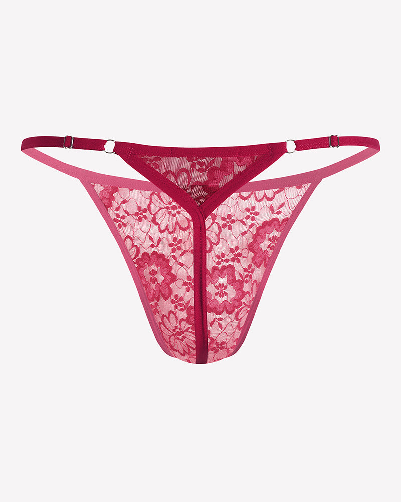 Burgundy lace low-rise thong underwear with T-back straps and floral pattern