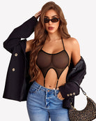Black mesh halter lingerie bodysuit with teardrop front cutout and garter straps