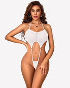 White mesh halter bodysuit with teardrop front cutout and garter-style straps
