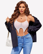 White mesh halter bodysuit with cutout front and open crotch design