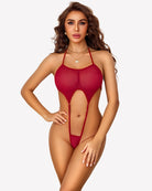 Wine red mesh halter bodysuit with teardrop front cutout and garter straps