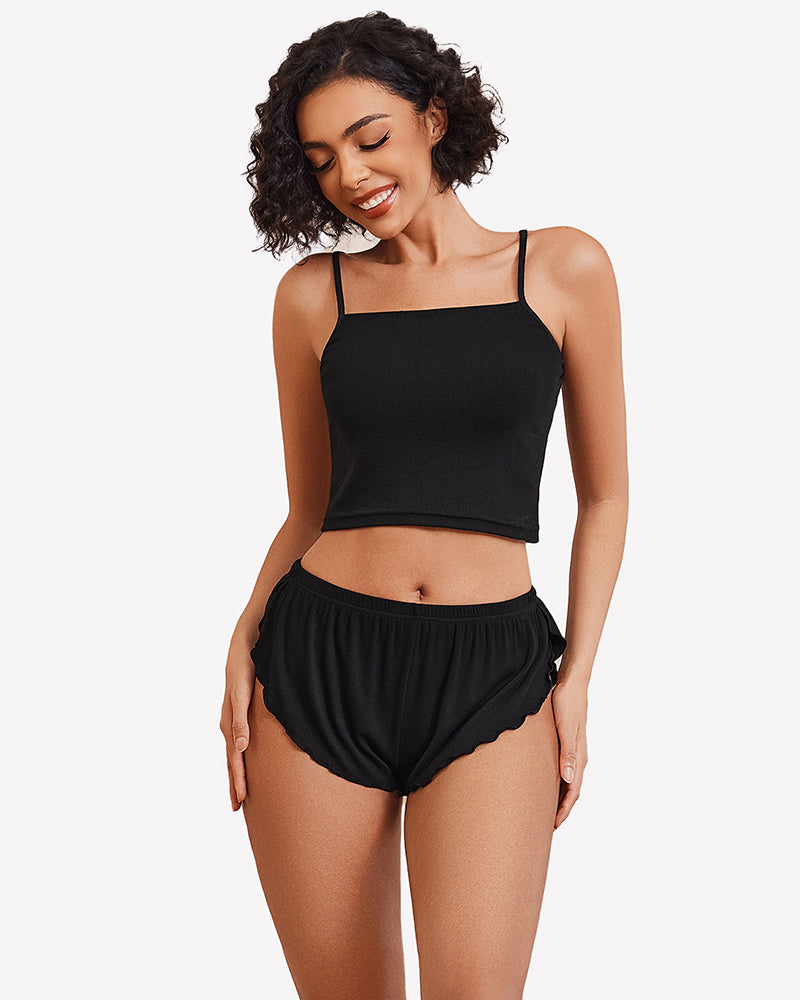Ribbed pajama set in black: cropped cami top and elastic-waist shorts