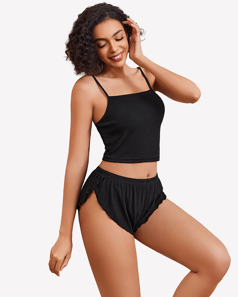 Ribbed pajama set in black: spaghetti-strap cami top and elastic-waist shorts