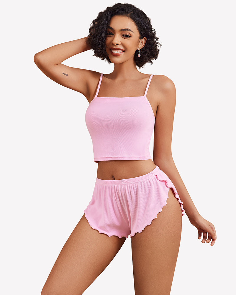 Ribbed pajama set in pink: cropped cami top and ruffled elastic-waist shorts