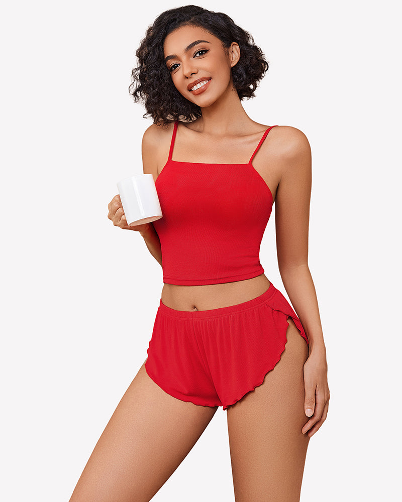 Ribbed pajama set in red: cropped cami top with elastic-waist ruffled shorts