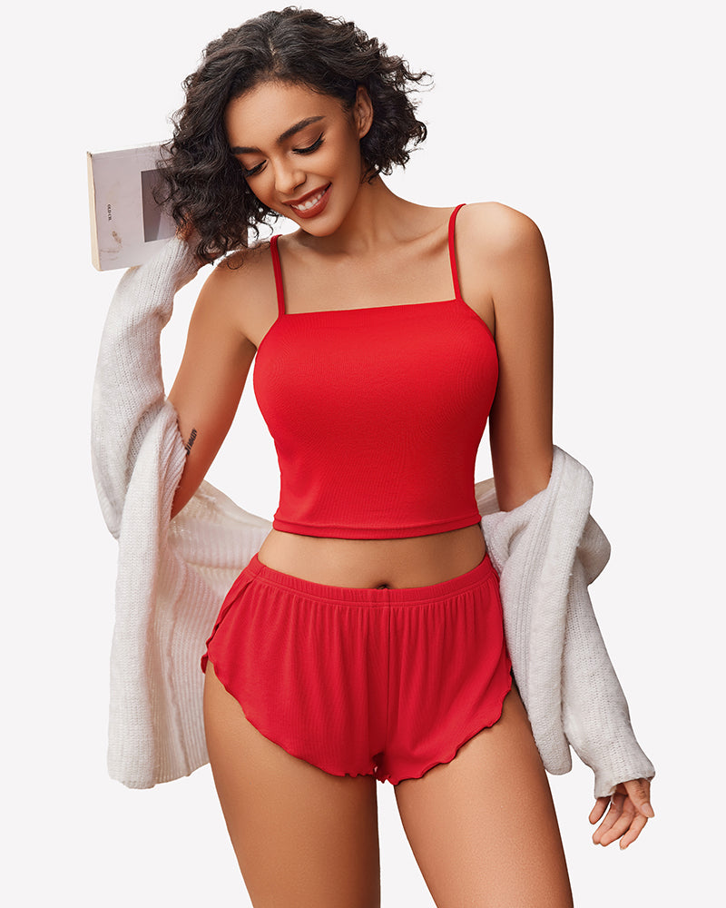 Ribbed pajama set in red: spaghetti-strap cropped cami top and elastic-waist shorts