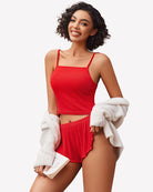 Ribbed pajama set in red: cami top and elastic-waist ruffled shorts