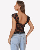 Black lace bralette tank top, open back with sheer lace yoke