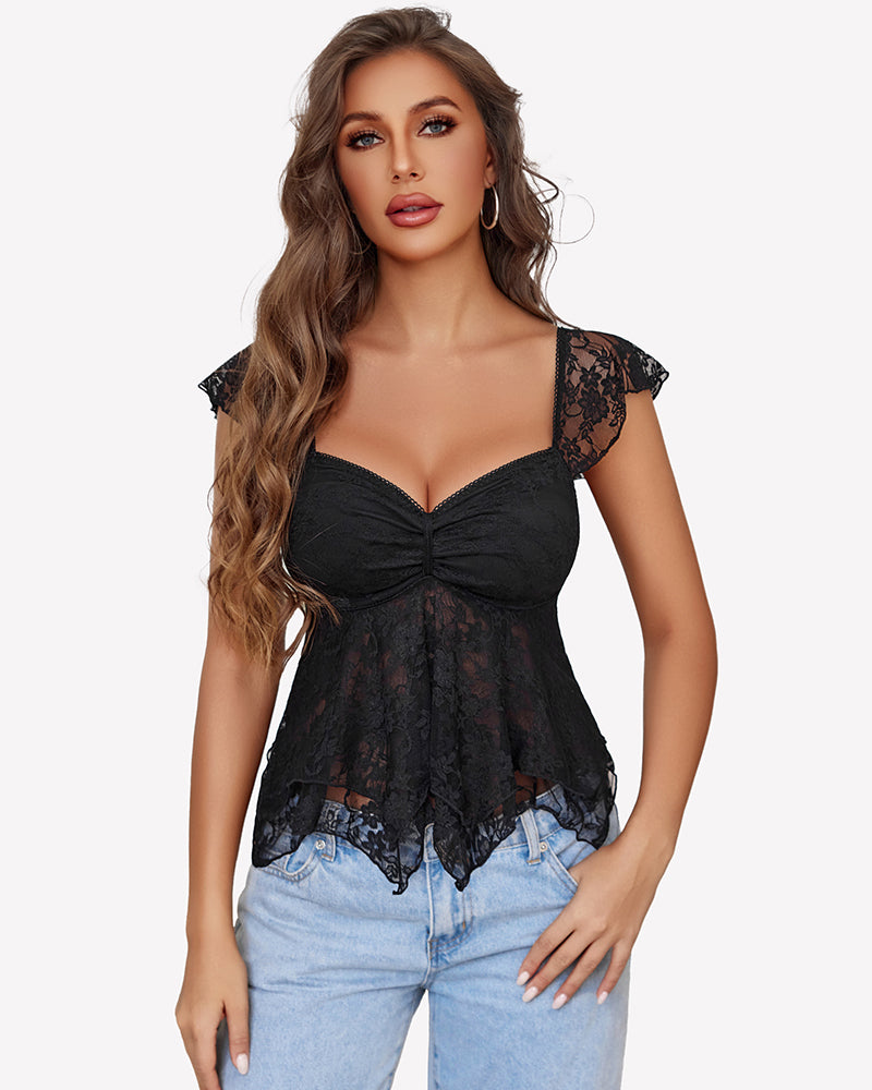 Black lace bralette tank top with ruched bust and babydoll peplum hem