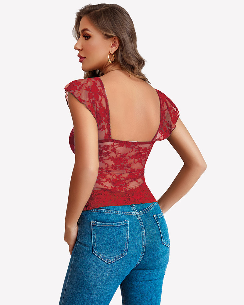 Red lace bralette tank top with open-back panel and ruffled shoulder straps