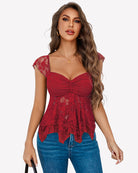 Red lace bralette tank top with ruched sweetheart bust and flared peplum hem