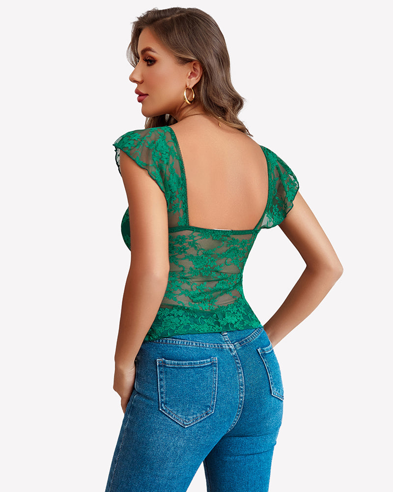Green lace bralette tank top with open-back panel and ruffled flutter sleeves