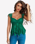 Green lace bralette tank top with ruched sweetheart bodice and peplum hem