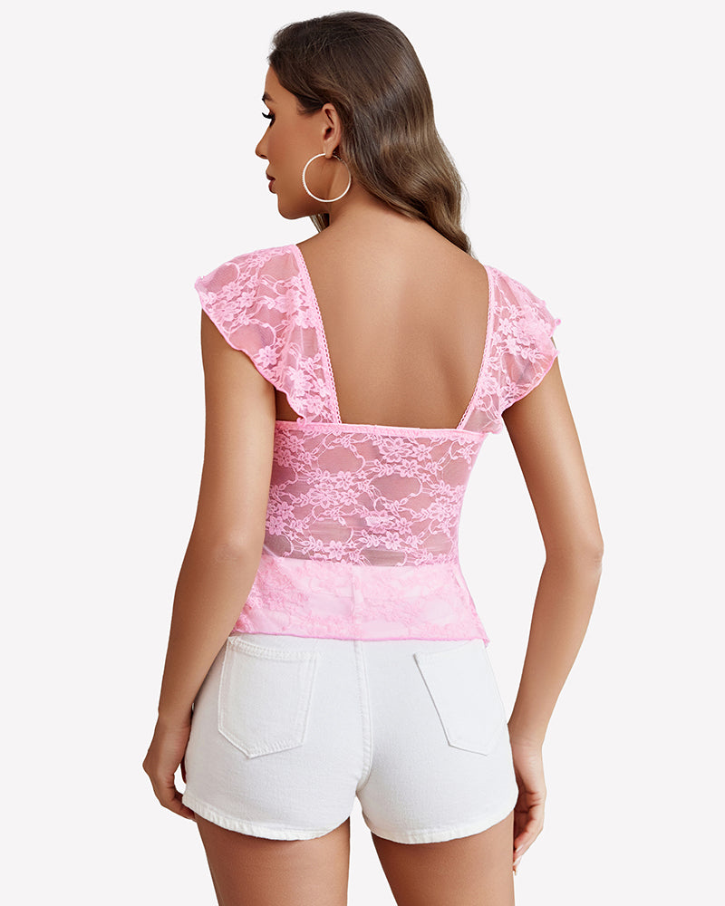 Pink lace bralette tank top, open back with sheer lace yoke
