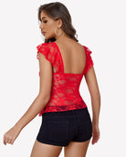 Red lace bralette tank top with open-back design and peplum lace hem