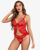 Red lace pajama cami and matching panty with tie-front detail