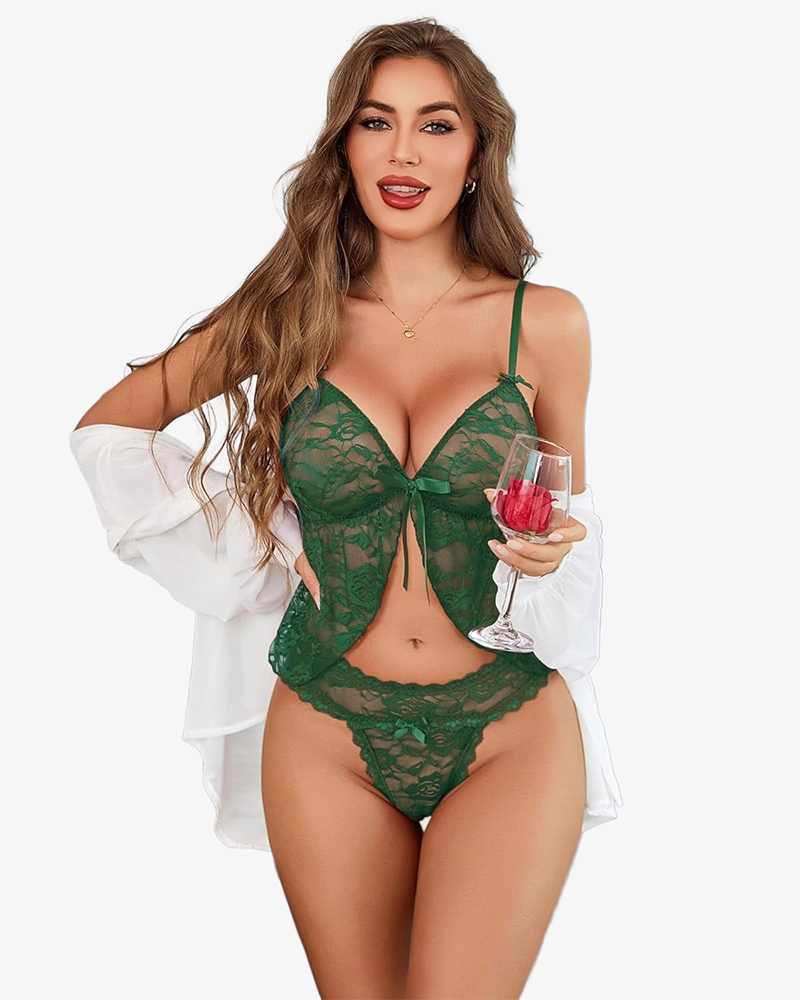 Green lace pajama cami and panty set with V-neck tie and lace trim