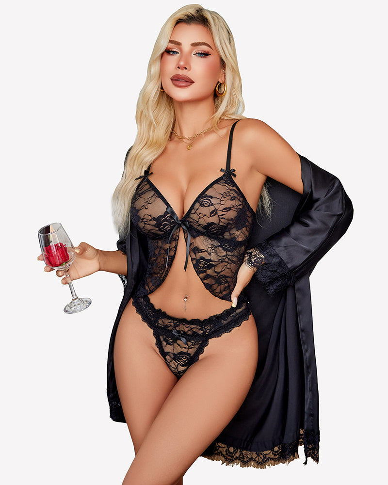 Black lace open-front cami and panty set with matching robe overlay