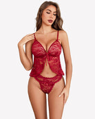 Red lace open-front cami and panty set with bow tie at center