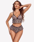 Leopard print sheer cami and ruffle shorts lingerie set, front and side view
