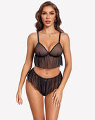 Black sheer mesh cami and ruffle shorts lingerie set with underwire cups
