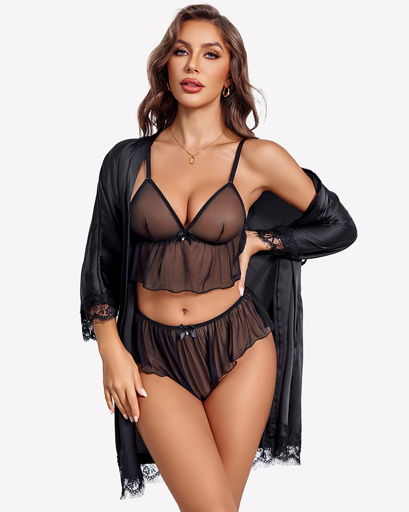 Black sheer lingerie set with mesh cami, matching shorts, and ruffled trims