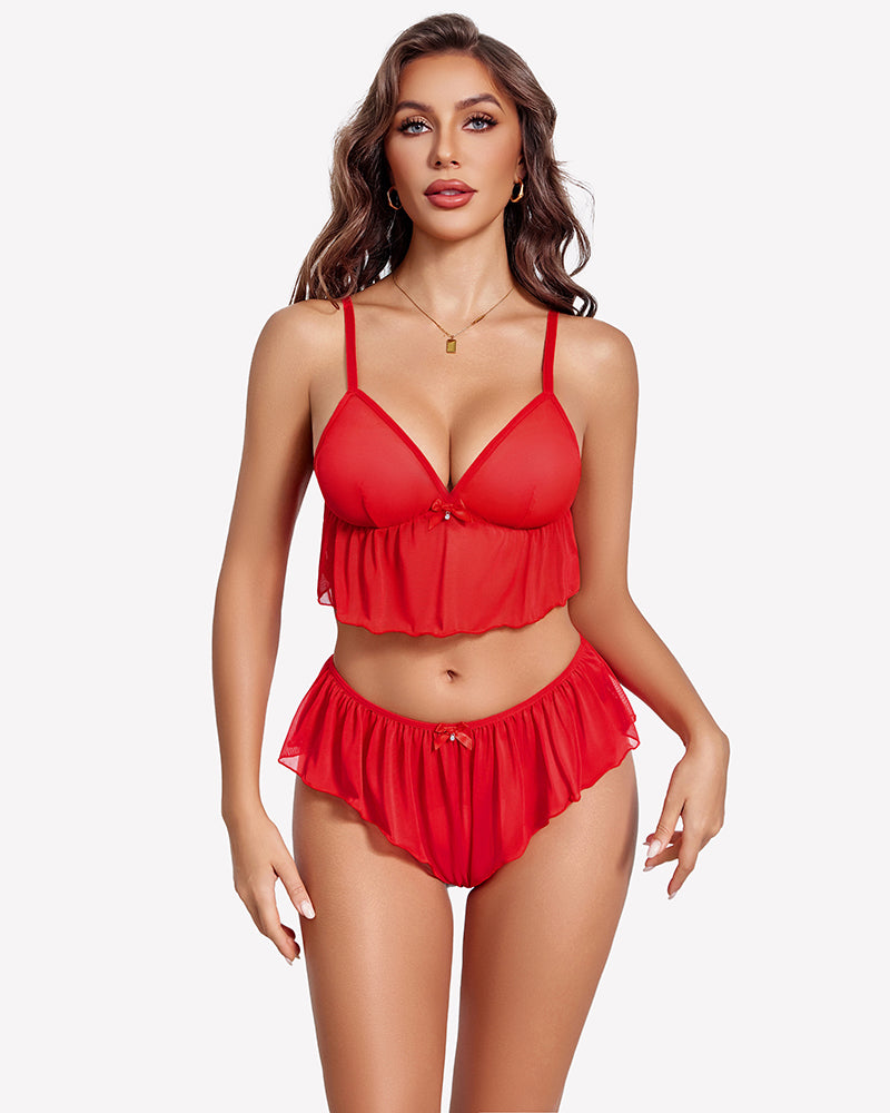 Red sheer two-piece lingerie set with triangle cups, cami top, and matching shorts