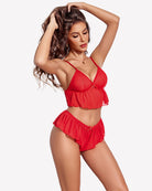 Red sheer mesh cami and ruffled shorts lingerie set, side view