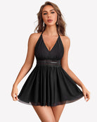 Black babydoll mesh dress with V-neck halter straps and tiered pleated skirt