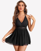 Black babydoll mesh dress with V-neck halter and pleated flared skirt
