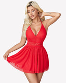 Red babydoll mesh dress with V-neck halter and backless open-back skirt